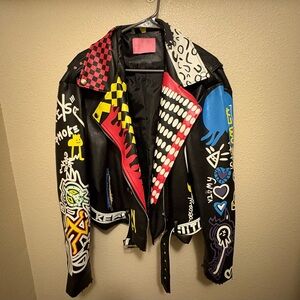 Azalea Wang Leather Biker Jacket-Designer Distressed Detail, Creative/DIY Ready